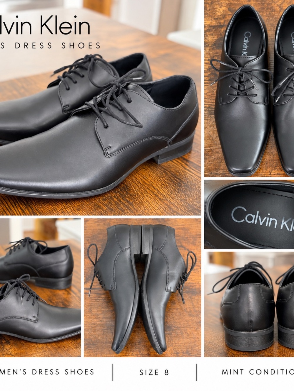 Calvin Klein Men's Black Smooth Leather Lace-Up Oxfords Size 8